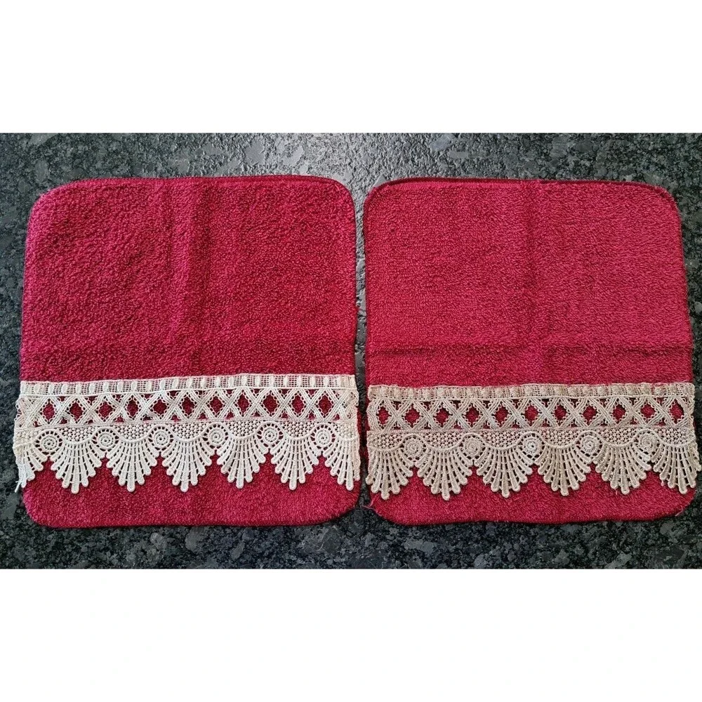 Vintage Burgundy Hand Towels & Washcloths (2 Each) with Cream Lace